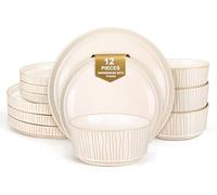 Feastly Reactive Glaze Ceramic Plates and Bowls Sets for 4, Stoneware Dinnerware Sets, Housewarming Gifts, Chip Resistant Microwave Dishwasher Safe, 12 Pcs Dish Set White