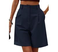 FEATEFACE Shorts for Women Bermuda Shorts Casual Elastic High Waisted Wide Leg Shorts Knee Length with Pockets Summer Shorts (Navy Blue,S)