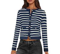 FEATEFACE Womens Long Sleeve Striped Crop Cardigan 2024 Fall Trendy Pullover Tops Crewneck Button Ribbed Knit Sweaters (B,S)