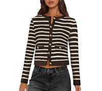 FEATEFACE Womens Long Sleeve Striped Crop Cardigan 2024 Fall Trendy Pullover Tops Crewneck Button Ribbed Knit Sweaters (A,S)