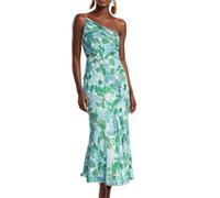 FEATEFACE Women's Summer Midi Bodycon Dresses One Shoulder Sleeveless Smocked 2024 Sun Dress Smocked Floral Maxi Dress (Blue,M)