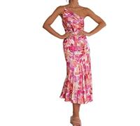 FEATEFACE Women's Summer Midi Bodycon Dresses One Shoulder Sleeveless Smocked 2024 Sun Dress Smocked Floral Maxi Dress (Pink,M)