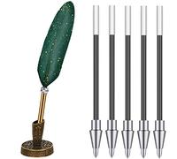 Feather Ballpoint Pen and Vintage Metal Pen Holder Black Ink Vintage Feather Quill with 5 Pieces Refill Wedding Signature Pens for School Office Wedding Birthday Party Favor (Atrovirens,Elegant Style)