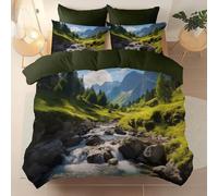 Feather Bedding Set Green - Microfiber Printed Reversible Duvet Quilt Cover Double 3 pcs - Ultrasoft Hypoallergenic Landscape Nature River Quilt Cover with Zipper Closure