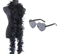 Feather Boa, 1.8M Colorful Feather Boa With Heart Sunglasses, Delicate Feather Scarf, Turkey Boa Feathers for Party Bulk, Christmas, Dance Performances, Weddings And Carnival Celebrations Black