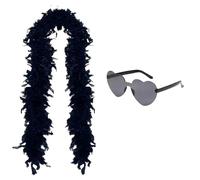 Feather Boa, 2PCS Feather Scarf Set with Heart Glasses Dancing Party Props Halloween Cosplay Costume Accessory Holiday Decors Party Accessories for Dancing Wedding Party Halloween Carnival(Black)