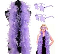 Feather Boa Set,2 Pcs Purple Feather Boas+2 Pcs Purple Star Sunglasses,Feathers Boas Multipack,Delicate Gradient Feathers Scarf for Dance Performances,Weddings,Carnival Celebrations,Cosplay