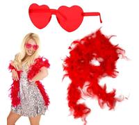 Feather Boas Multipack,2m Colors Available Artificial Feather Boas with Heart Glasses,Artificial Fluffy Boa Decorations for Dancing Accessories(Red)