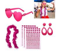Feather Boas Multipack Set :Feather Boa, Heart-Shaped Sunglasses, Facial Rhinestones,1 Pair of Earrings,Feather Boa Pink Perfect for Dancing, Weddings, And Retro Parties
