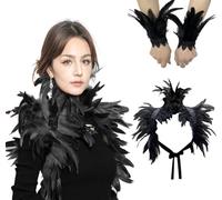 Feather Cape Feather Lace Glove Set Maleficent Costume Gothic Shawl Shrug Collar Plume Wrist Cuffs Shoulder Epaulettes Mardi Gras Fancy Dress Therian Gloves for Halloween Cosplay Party