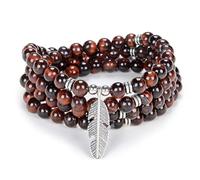 Feather Charm Zen Mala Beads Yoga Inspirational Necklace 108 Durable Self Discovery Mala Meditation Prayer Beads Wrap Bracelet (Red Tiger Eye)