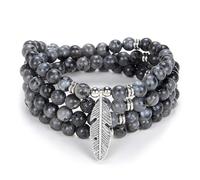 Feather Charm Zen Mala Beads Yoga Inspirational Necklace 108 Durable Self Discovery Mala Meditation Prayer Beads Wrap Bracelet (Grey Labradorite)