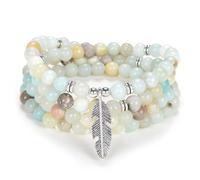 Feather Charm Zen Mala Beads Yoga Inspirational Necklace 108 Durable Self Discovery Mala Meditation Prayer Beads Wrap Bracelet (Amazonite)