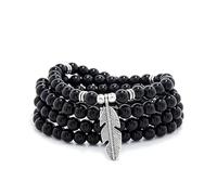 Feather Charm Zen Mala Beads Yoga Inspirational Necklace 108 Durable Self Discovery Mala Meditation Prayer Beads Wrap Bracelet (Black Agate)
