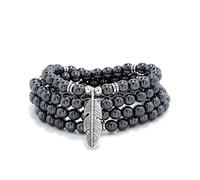 Feather Charm Zen Mala Beads Yoga Inspirational Necklace 108 Durable Self Discovery Mala Meditation Prayer Beads Wrap Bracelet (Hematite)