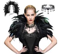 Feather Collar Black Lace with Gothic Retro Lace Necklace, Fancy Dress Costume, Halloween Masquerade, Raven Clothing, Carnival Cape, Women's Feather Cape, Cosplay Feather Cape, Shrug Feather Accessory