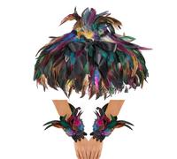 Feather Collar Cape and Wrist Bands for Women Halloween Maleficent Costume Accessories Gothic Feather Shawl and Wrist Cuffs Halloween Carnival Costume Accessories (Colorful Full Covered, One Size)