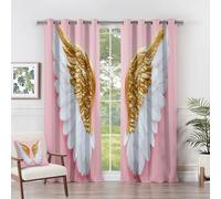 Feather Curtains for Bedroom - Angel Wings Curtains - Gold Wings Cute Pink Blackout Curtains 46 x 54 Inch (Width x Drop) 2 Panels, Elegant Wings Eyelet Curtains & Drapes