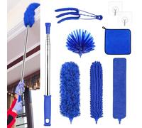 Feather Duster Extendable, 9 PCS Kit Extendable Duster with Extension Pole, 2,8m Telescopic Duster, Detachable Bendable, Reusable, Washable, for Cleaning Roof, High Ceiling Fan, Blinds(Blue)