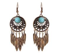 Feather Earrings for Women, Boho Turquoise Feather Tassel Earrings for Girls, Crescent Moon Dangle Earrings Hypoallergenic, Leaf Bohemian Drop Earrings, Sterling Silver, No Gemstone