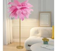 ANram Feather Floor Lamp, Natural Ostrich Feather Standing Lamp, Simple Bedroom and Living Room Decor Lamp, Golden Lamp Body, 3-Color Dimmable with G4 LED Bulb