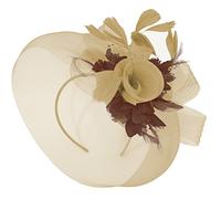 Feather Flower Fascinator Hat Veil Net Headband Clip Ascot Derby Races Wedding (Beige Camel Gold and Brown)