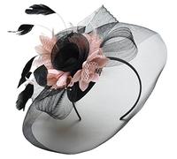 Feather Flower Fascinator Hat Veil Net Headband Clip Ascot Derby Races Wedding (Black and Peach)
