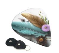 Feather flower Guitar Picks 6 Pack with Leather Guitar Pick Holder Keychain, Plectrum Key Fob Cases Bag, Abstract Art Plectrum for Acoustic Electric Guitar, Ukulele 0.71mm