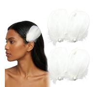 Feather Hair Clips, 4 Pcs White Swan Feather Headpiece with Pearls, Ostrich f eather Hairpin for Ballet, Wedding, Cosplay & Party