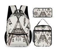 Feather Head Band Teepee Tent Backpack Set 3 Piece, Durable Backpack Insulated Lunch Bag Portable Pencil Case for Men Women