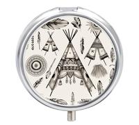 Feather Head Band Teepee Tent Pill Box 3 Compartment Metal Round Pill Case Travel Pill Organizer Small Portable Medicine Vitamin Container for Purse and Pocket to Hold Vitamins Supplements