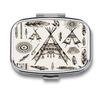 Feather Head Band Teepee Tent Square Pill Box Portable Daily Medicine Organizer Small Travel Pill Case Storage Container Waterproof Dustproof Daily Vitamin Medication Organizer Case for Travel Home U