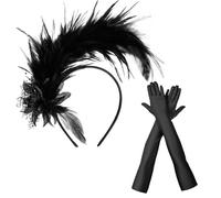Feather Headband, 2 Pieces 1920s Flapper Accessories Set, Black Artificial Flower Feather Headwear, Long Gloves for Women, Fascinators Hats Headband Tea Party Headpiece for Cocktail Wedding Decoration