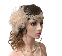 Feather Headband Women Vintage Feather Headband White Rhinestone Metal Chain 1920s Headpiece(G)