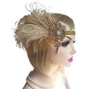 Feather Headpiece Women Vintage Feather Headband White Rhinestone Metal Chain 1920s Vintage Headpiece(C)