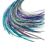 Feather Headz 21 Feathers for Hair Extensions Purple White Turquoise Grizzly 7"-12" Long Diy Rooster Feathers Eye Catching Design 20M Beads