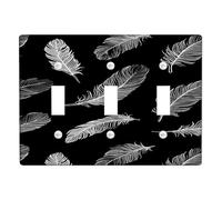 Feather Light Switch Cover Plates/Outlet Covers, White Feather Patterns on Black Background, Modern Chic Home Decor, Standard Size, Perfect for Living Room Triple Toggle