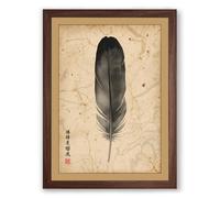 Feather on Aged Paper Japandi Framed Wall Art Print A2 (59.4×42cm) Walnut, Wall Decor for Living Room, Bedroom, Office & Home, Ready to Hang, Art Gift