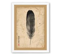 Feather on Aged Paper Japandi Framed Wall Art Print A2 (59.4×42cm) White, Wall Decor for Living Room, Bedroom, Office & Home, Ready to Hang, Art Gift