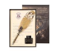 Feather Pen and Ink Set, Calligraphy Magic Feather Owl Pen Antique Refillable Quill Ink Dip Pens for Writing, Drawing, Signatures, Wedding, Birthday, Retro Decoration with Gife Box Wishing Card