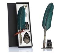 Feather Pen And Ink Set, Glittering Quill Pen Set Antique Calligraphy Dip Pen With Ink, 2 Replacement Nibs, Pen Stand Base, Luxury Vintage Signature P