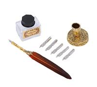Feather Pen Exquisite Vintage Stainless Steel Quill Pen for Smoothly Writing Wear Resistant, for Parents, Friends, 1 Base and 5 Nib Set (Orange)