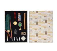 Feather Pen Set, Calligraphy Feather Pen with Stainless Steel Nib and Brass Base, Quill Pen Set for Gothic & Italian Script, Includes Empty Ink Bottle, Wax Spoon, Candle, Letter Pa (Dark Green Dot)