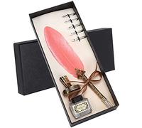 Feather Pen Set Retro Carved Stainless Steel Writing Suit for Calligraphy Enthusiasts Couples and Teachers Quill Dip Pen for Gothic and Italian Calligraphy Practice (Pink)