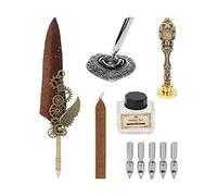 Feather Pen Set with Clear Engraving and Quaint Texture, Stainless Steel Nib Calligraphy Pen for Gothic and Italian Handwriting Practice, Includes 5 Nibs, Ink, Wax, Stamp (SP285719 sprinkled golden