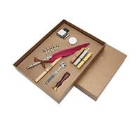 Feather Pen Set with Stainless Steel Nibs, Retro Carved Alloy Holder, Dip Calligraphy Pen Kit for Gothic Italian Writing, Includes Wax Ink Bottle Gift Box for Teachers (SFDPS038006 wine red)