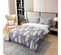 Feather Print Cotton Duvet Cover Set Double Size Kids Boho Style Comforter for Boys Girls Bird Feathers Element Cotton Duvet Cover Set Bohemian Feathers Pattern Duvet Set Room Decor White Quilt Set