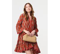 Feather Print Flare Sleeve Short Dress Izabel London Orange 14