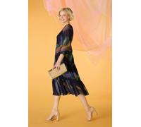 Izabel London Feather Print Midi Smock Dress for Women UK with Round Neck, Long Sleeves and Tiered midi Skirt. Multi Blue