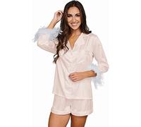 Feather Pyjamas For Women Silk Satin Pyjama Set With Shorts Womens 2pc Pj Sets Bridesmaid Bride Pj Set Bridal Button Down Sleepwear Wedding Pajamas Loungewear